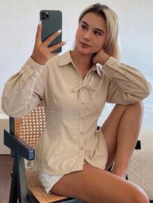 DAZY 女款純色單排扣休閒百搭日常穿著襯衫 度假風 - 杏色 - 查看 6