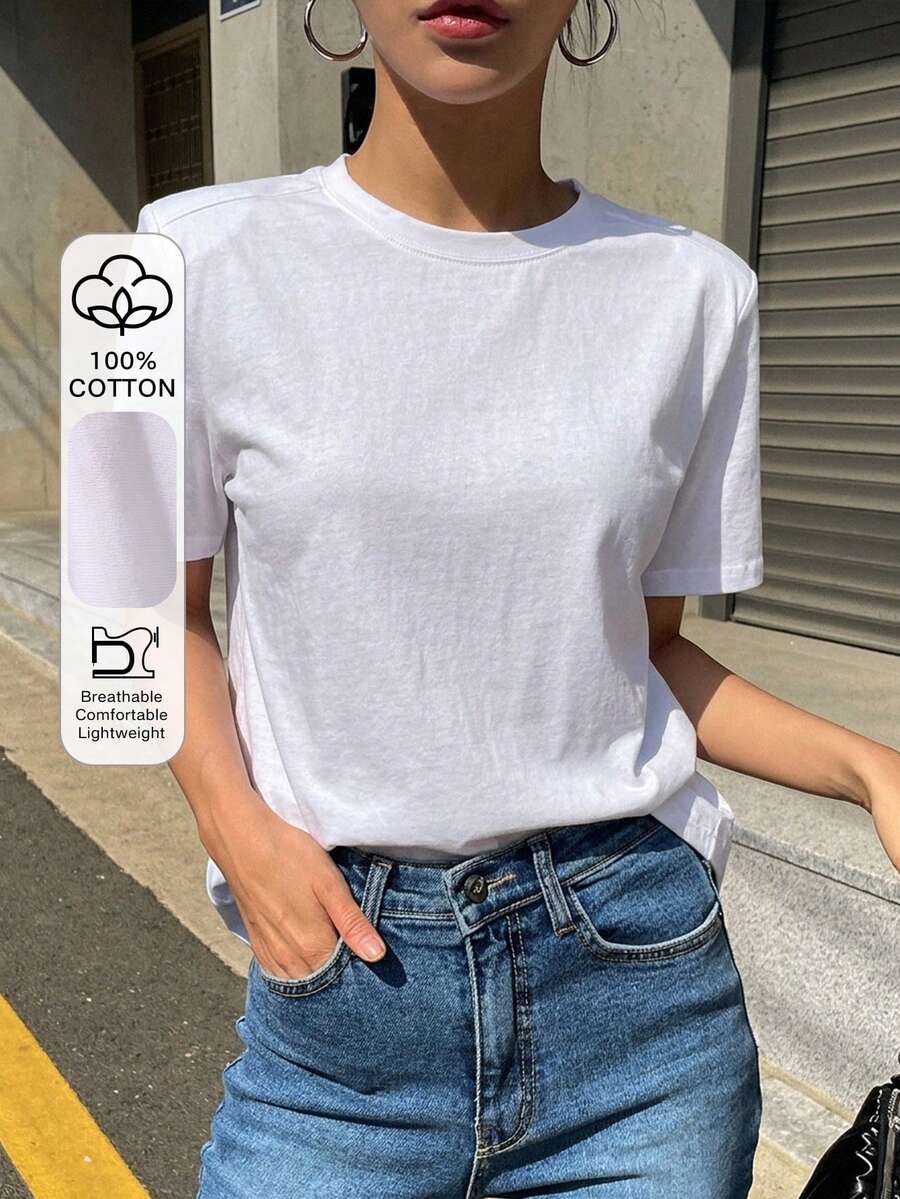 DAZY 女款純色圓領短袖休閒百搭T恤 夏季 - 白色 - 查看 1