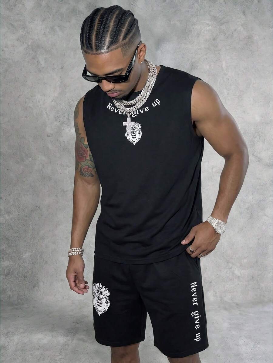Manfinity EMRG Men's Retro Street "Never Give Up" Print Tank Top And Shorts Set, Holiday - Black - View 1