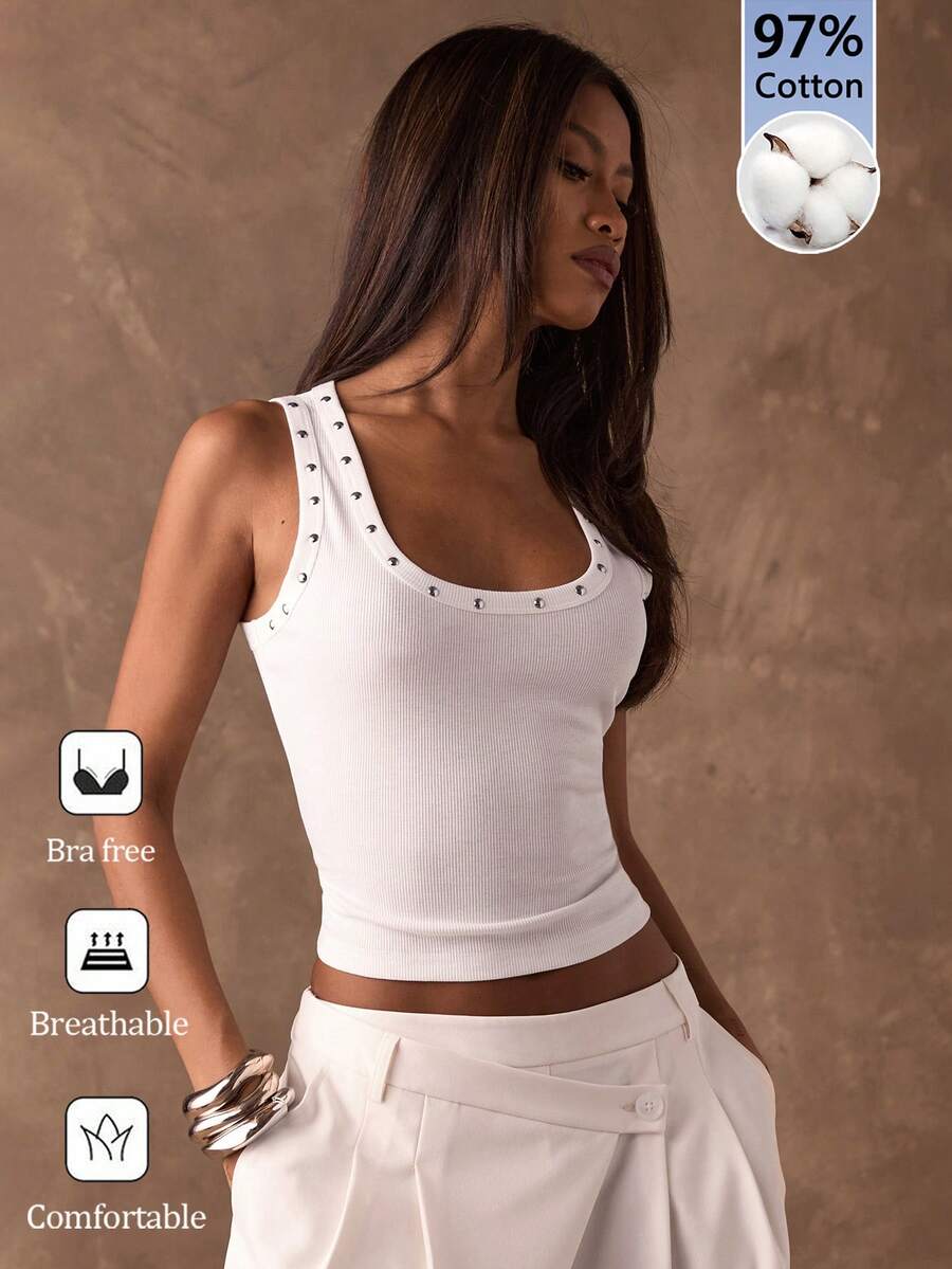 SHEIN BAE 免內衣加厚背心，97%棉質箔印花，休閒極簡復古優雅通勤百搭，海灘度假女款夏季背心 - 白色 - 查看 1