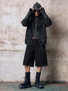Skyrend 男士休閒寬鬆破洞牛仔寬腿短褲，哥德龐克街頭風，適合 Emo 男孩與 Grunge 風格 - 黑色 - 查看 4