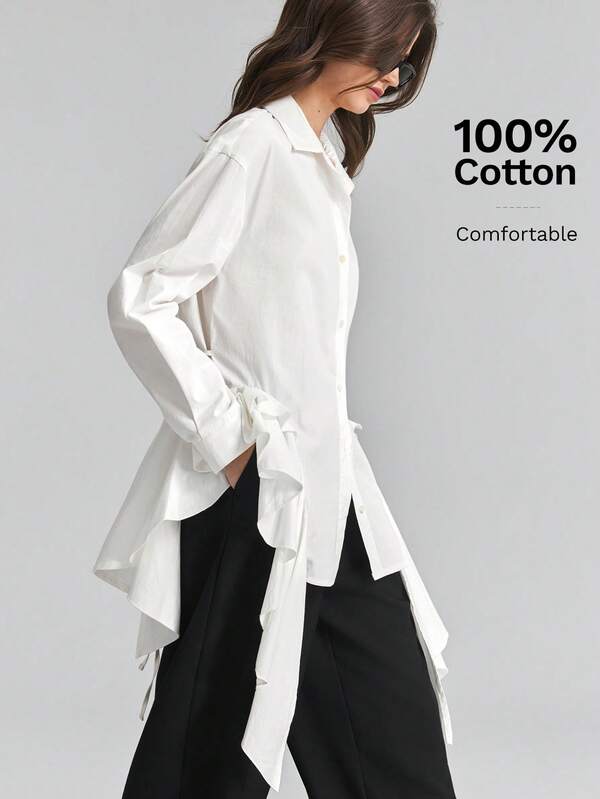 Ontre 2026 Autumn Women's Long Sleeve Blouse With Asymmetrical Hem And Ruffle Detail, Beige, Minimalist Elegant Urban Modern Versatile Commuter Teacher Tea Party Romantic Date, Comfortable Fabric Loose Fit Fashionable