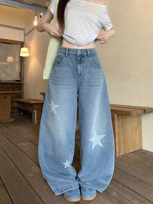 DAZY Women's Casual Street Washed Star Curved Leg Jeans Summer Everyday Going Out Light Blue - Blue - View 6
