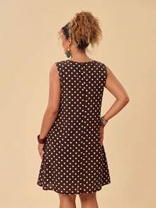 Travachic Women's Plus Size Casual 1950s Vintage Minimalist Versatile Polka Dot Pattern Round Neck Sleeveless Dress, Suitable For Summer Vacation - Brown - View 3