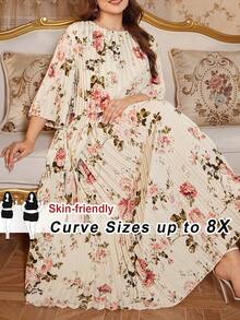 SHEIN CURVE+ 大码女式夏季连衣裙，优雅褶皱雪纺连衣裙，半透明长裙，飘逸长裙 - 杏色 - 查看 11