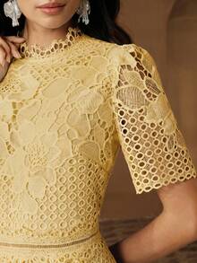 Anewsta Elegant Solid Color Hollow Lace Placement Flower Short Sleeve High-Low Hem Sophisticated Quality Flattering Women Long Dress - Yellow - View 2