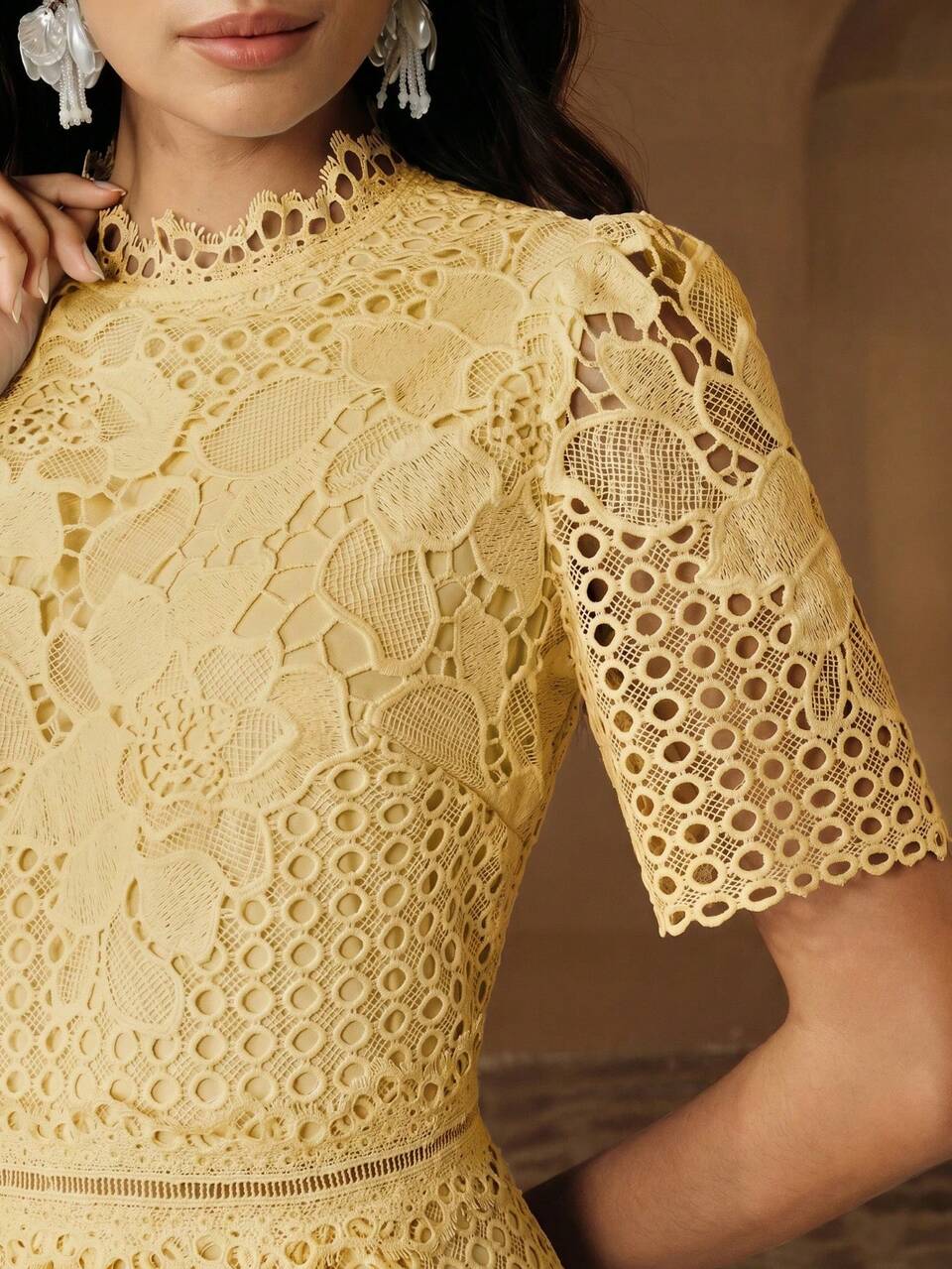 Anewsta Elegant Women's Yellow Eyelet Embroidered Lace Long Dress With Short Sleeves And High Neck