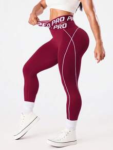SHEIN Sports 女款字母印花高腰休閒百搭日常旅行運動內搭褲 - 酒紅色 - 查看 2