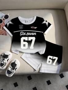 SHEIN Explorewe 隨機發貨 1 款（共 3 款）經典黑白漸層對比條紋滿版印花字母 67 圖案圓領賽車 T 恤與配套短褲套裝，返校季 - 彩色 - 查看 2