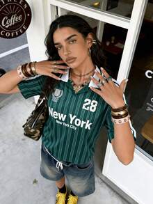 Muchica Women's Jersey Striped Contrast Color Letter Print Button Placket T-Shirt Back-To-School School Green Striped Summer Streetwear - Army Green - View 1