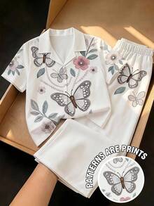 SHEIN 青少年女孩蝴蝶圖案短袖單排扣襯衫與長褲休閒套裝 - 白色 - 查看 2