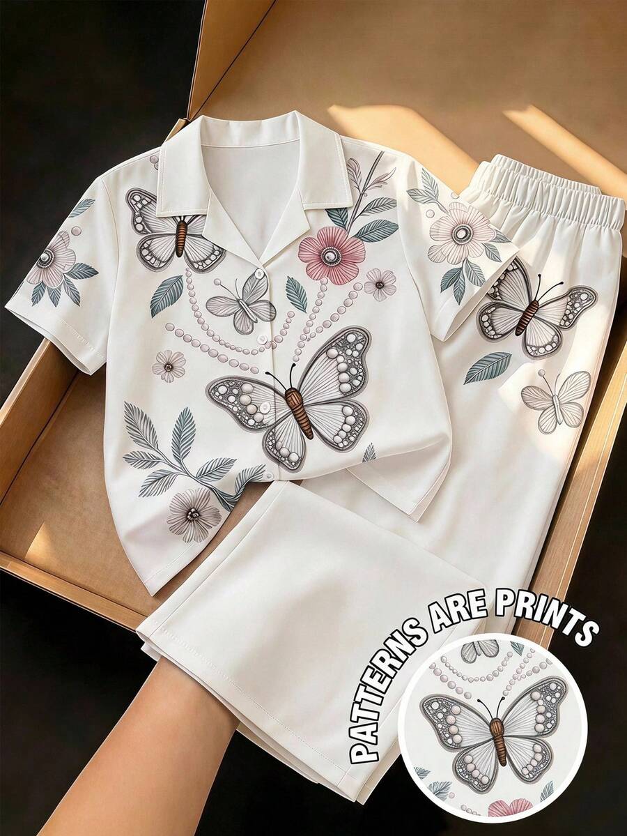 SHEIN Tween Girl Butterfly Pattern Short Sleeve Single-Breasted Shirt And Pants Casual Set - White - View 1