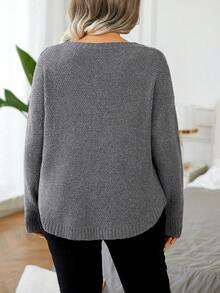 Elenzga Plus Size Women's Solid Color Crew Neck Long Sleeve Casual Pullover Sweater - Dark Grey - View 2