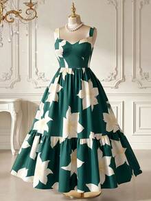 Rometta Plus Size Women's Floral Print Pleated Fashion Dating Vacation Party Dress Green Summer Elegant - Multicolor - View 1