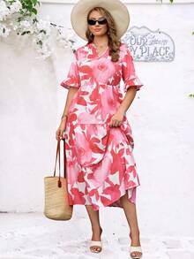 EMERY ROSE 大尺碼女款缺口V領花卉印花休閒派對洋裝 - 彩色 - 查看 4