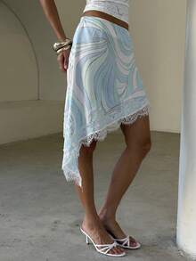 Aloruh Asymmetrical Satin Lace Patchwork Skirt - Coffee Brown - View 4