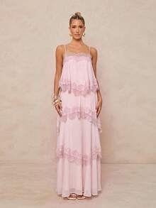 Lumalex Spring/Summer New Chiffon Ruched Contrast Lace Adjustable Strap Backless Dress - Baby Pink - View 12
