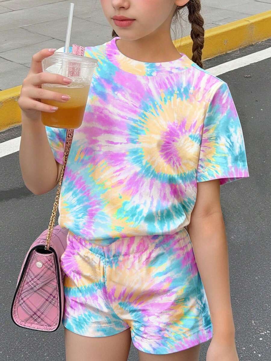2件套少女扎染印花图案必备单品,田园风,玩耍聚会,周末休闲,家庭出游,拍照服装,休闲装,短裤和T恤,可爱夏季童装,夏季外出用品,韩版风格,返校季,返校节,复古风,条纹,舒适百搭,时尚童装,图案印花,卡通,复古,撞色,Y2K,卡哇伊,派对,聚会,日常,度假,可爱,舒适,2026夏季 - 彩色 - 查看 1