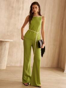 MOTF PREMIUM CONTRAST TRIM SLANTED POCKET FLARE LEG PANTS - Green - View 7