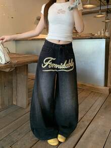DAZY Celana Jeans Wanita Gaya Jalanan Korea dengan Bordir Huruf Inggris dan Rhinestone untuk Musim Gugur - Dark Grey - View 6