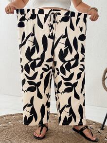 SHEIN CURVE+ Plus Size Women's Drawstring Waist Leaf Print Casual Versatile Daily Wear Wide Leg Pants - Apricot - View 9