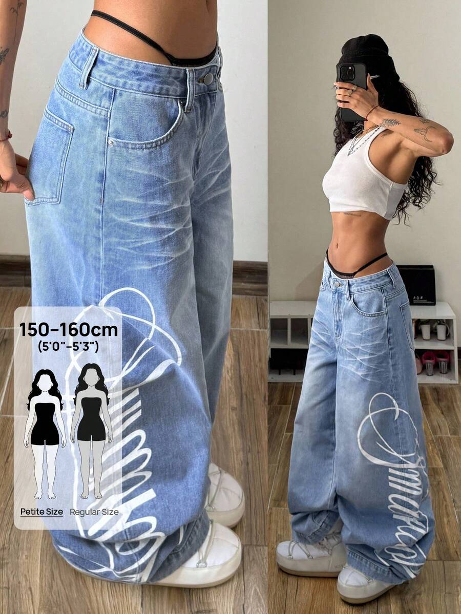 SHEIN PETITE 女款休閒百搭日常外出寬腿牛仔褲,附口袋鈕扣與字母圖案,適合嬌小女性 - 藍色 - 查看 1