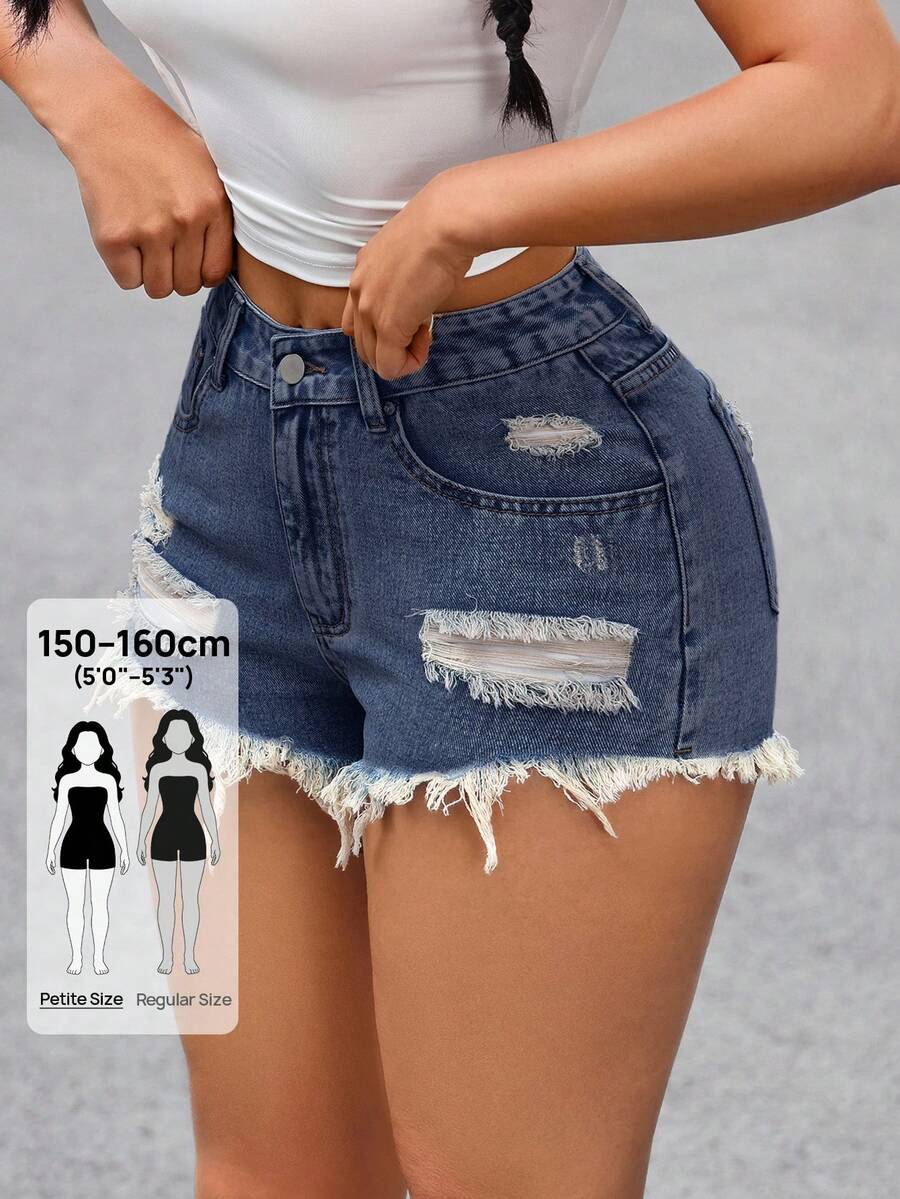SHEIN PETITE 女款夏季休閒時尚街頭風日常通勤破洞毛邊牛仔短褲,適合嬌小女性 - 藍色 - 查看 1