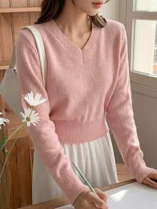 DAZY Women's Solid Color Fitted Short Long Sleeve V-Neck Casual Vacation Spring/Autumn Pullover Knit Sweater - Pink - View 3
