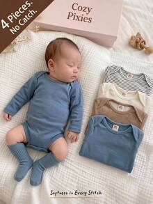 Cozy Pixies Newborn Baby Girl & Boy Autumn/Winter Cute Solid Color Long Sleeve Romper 4pcs -Piece Set, Knitted Soft Round Neck Striped & Solid Color Multi-Piece - Multicolor - View 1