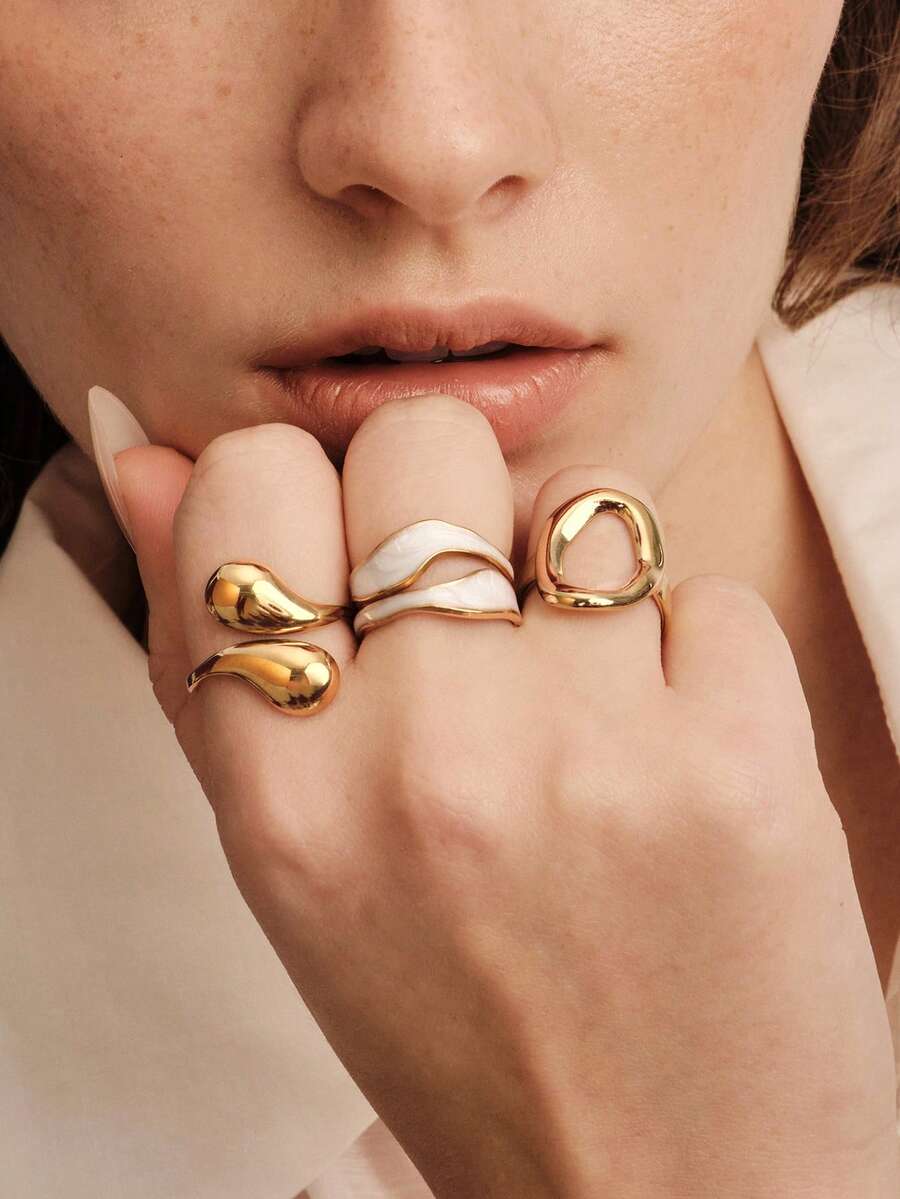 Vandermere 3pcs/Set Fashionable Stainless Steel Smooth Teardrop Hollow Ring, Suitable For Daily Wear For Women - Gold - View 1