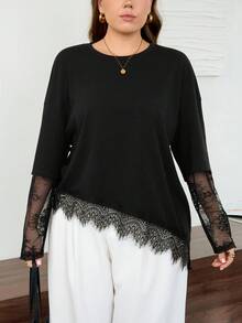 SHEIN LUNE 大尺碼女款蕾絲拼接休閒百搭日常穿搭T恤 秋季 - 黑色 - 查看 6