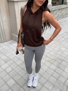SHEIN Unity 女士时尚休闲户外健身跑步前中口袋无袖连帽抽绳露背性感瑜伽运动卫衣，夏季女士健身服 Y2k 女士运动服露背健身上衣露背运动上衣女士运动套装女士健身服上衣 - 咖啡棕 - 查看 7