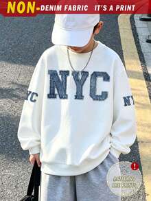 (1件) 男童簡約時尚紐約 NYC 圖案圓領運動衫，舒適日常穿著，適合秋冬 - 白色 - 查看 1