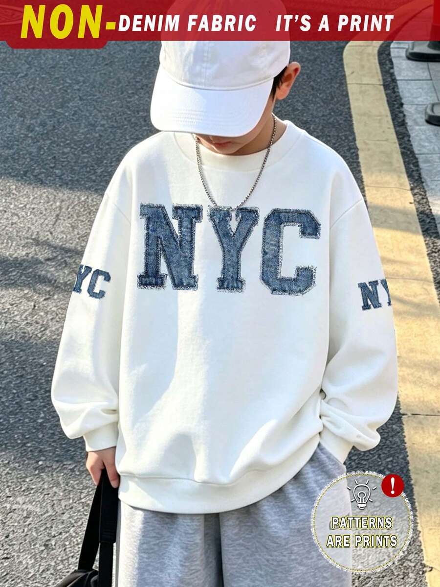 (1件) 男童簡約時尚紐約 NYC 圖案圓領運動衫,舒適日常穿著,適合秋冬 - 白色 - 查看 1