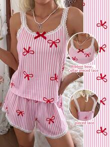 CottageSlumber Pink Pajamas Women's Pink & White Striped Bow Fine Ribbed Silk Lace Cami Short Sleeve Set - Pink - View 2