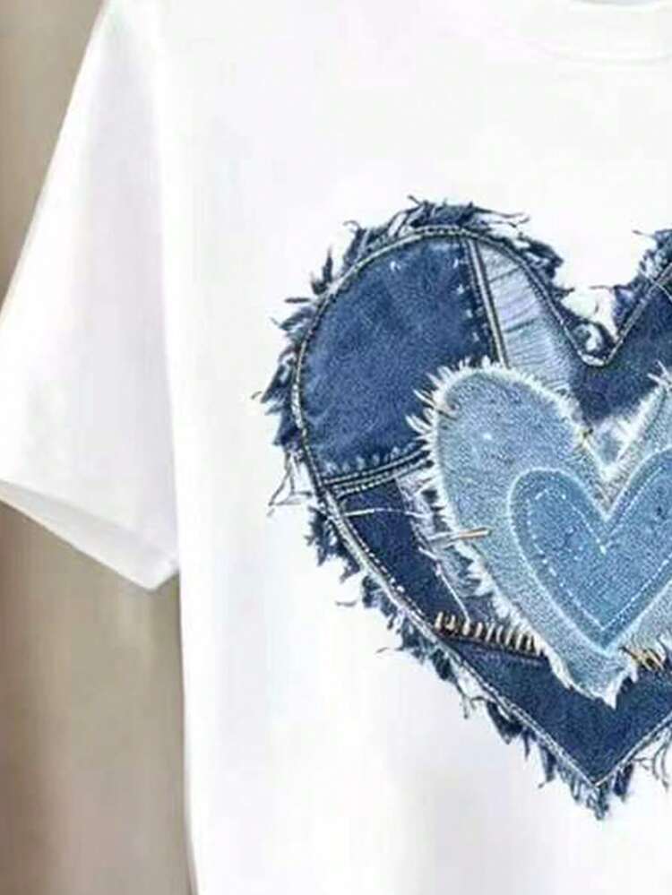 Teen Girls All-Over Print Shorts Set, Casual Street Style Heart Print Vintage Denim-Look T-Shirt And Shorts 2-Piece Outfit, Comfortable Versatile Daily Wear For Girls And Women - Multicolor - View 5