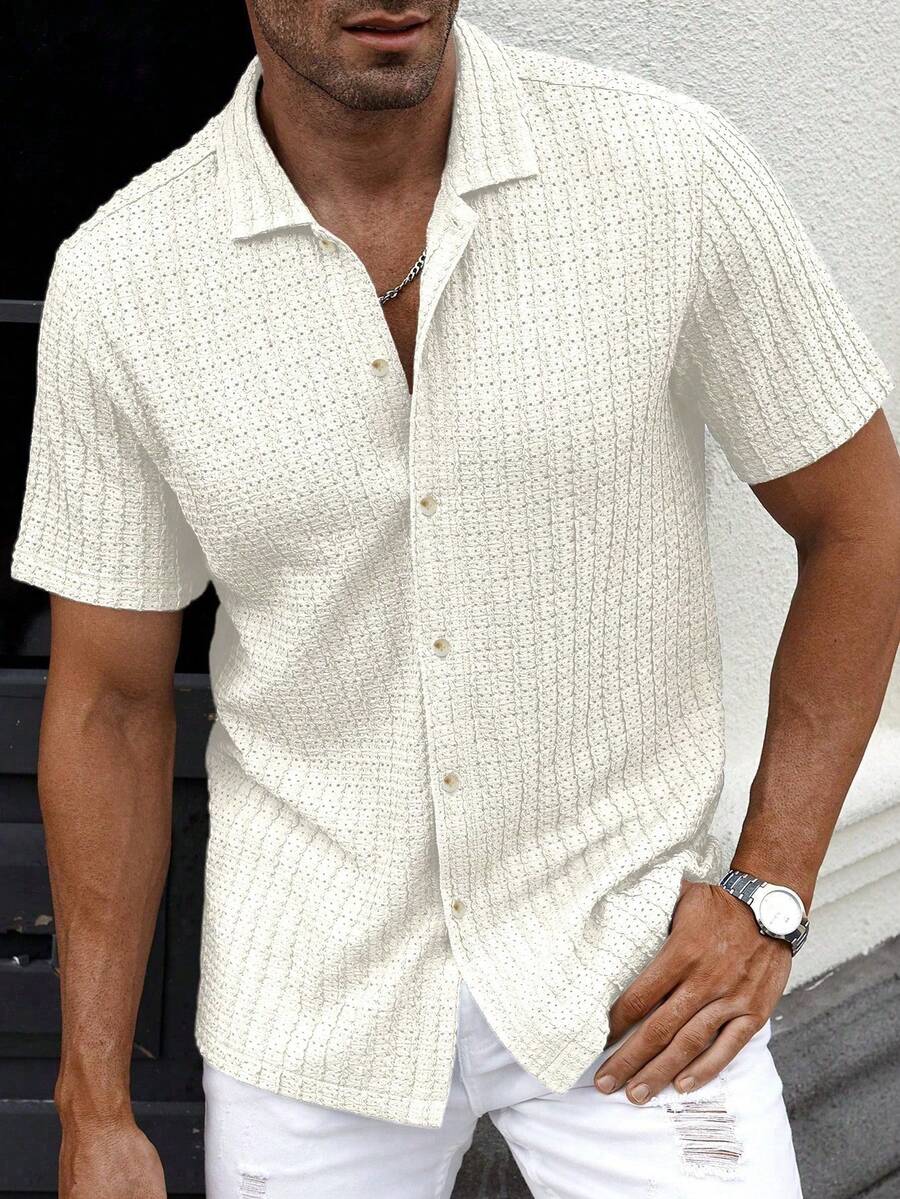 Manfinity CasualCool 男士夏季純色休閒紋理襯衫 - 米色 - 查看 1