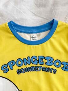 SpongeBob SquarePants | SHEIN Young Girl Colorblock Patchwork Cartoon Print Dress Loungewear - Yellow - View 3