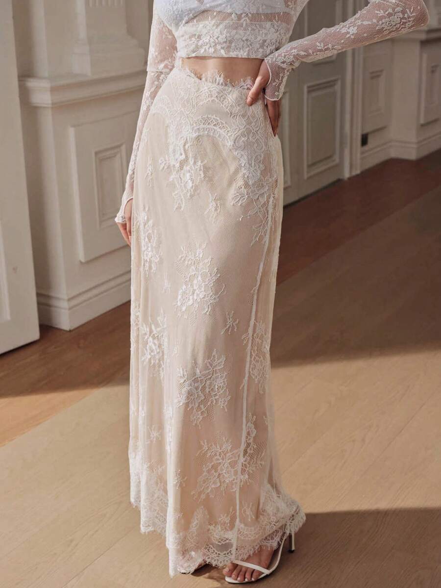 Anewsta Elegante Falda de Moda Blanca con Encaje Fino de Pestañas de Cintura Media Estilo Sirena para Mujer - Blanco - Ver 1