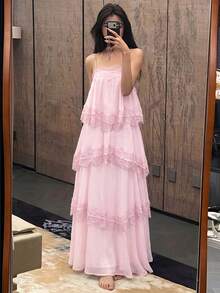 Lumalex Spring/Summer New Chiffon Ruched Contrast Lace Adjustable Strap Backless Dress - Baby Pink - View 5