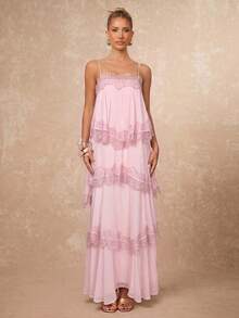Lumalex Spring/Summer New Chiffon Ruched Contrast Lace Adjustable Strap Backless Dress - Baby Pink - View 9