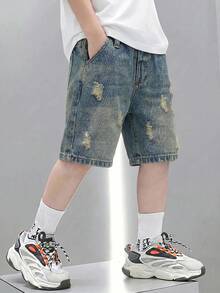 SHEIN 小男孩復古街頭風石洗藍色牛仔寬鬆破洞毛邊短褲，夏季 - 淺色水洗藍 - 查看 4