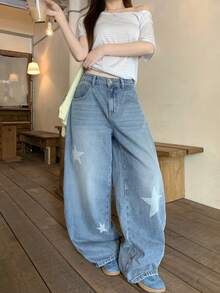 DAZY Women's Casual Street Washed Star Curved Leg Jeans Summer Everyday Going Out Light Blue - Blue - View 4