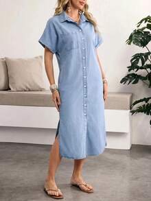 Sunnyshic Plus Size Casual Front Button Denim Dress - Blue - View 5