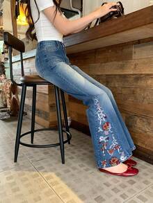 DAZY Women's Flared Embroidered Floral Korean Style Casual Elegant All-Season Versatile Jeans Fall Vacation - Blue - View 2