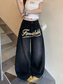 DAZY Celana Jeans Wanita Gaya Jalanan Korea dengan Bordir Huruf Inggris dan Rhinestone untuk Musim Gugur - Dark Grey - View 4