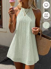 SHEIN Holidaya 女款刺繡鏤空後背匙孔掛脖式罩衫洋裝，度假海灘穿搭 - 綠色 - 查看 3