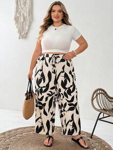 SHEIN CURVE+ Plus Size Women's Drawstring Waist Leaf Print Casual Versatile Daily Wear Wide Leg Pants - Apricot - View 7