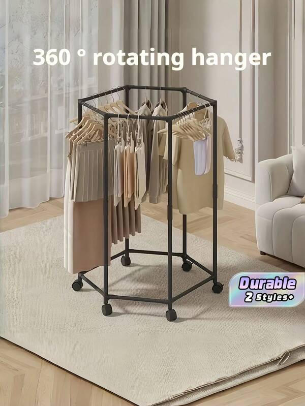 1pc Hexagonal 360° Rotating Clothes Drying Rack Thickened Iron Tube Space Saving For Bedroom Dorm Balcony Apartment