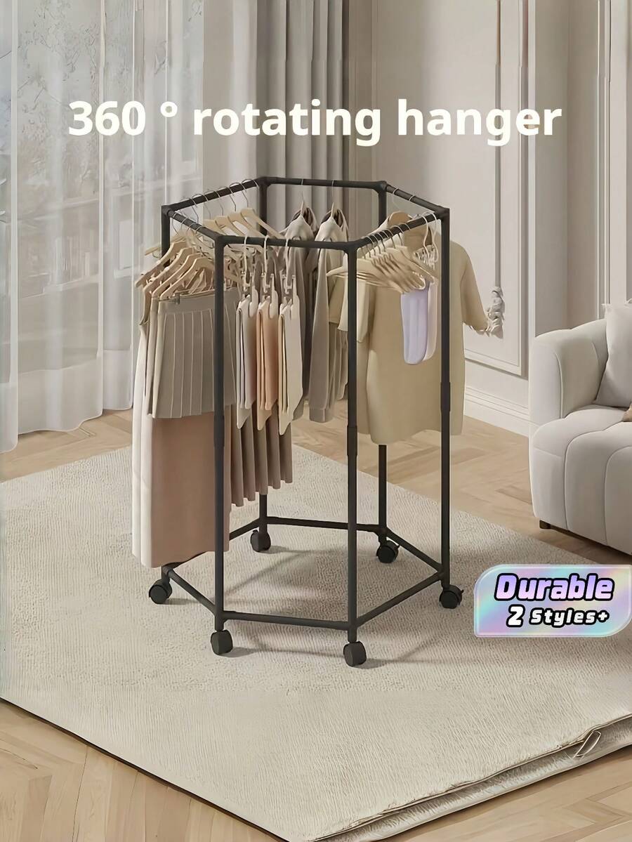 1pc Hexagonal 360° Rotating Clothes Drying Rack Thickened Iron Tube Space Saving For Bedroom Dorm Balcony Apartment - Multicolor - View 1